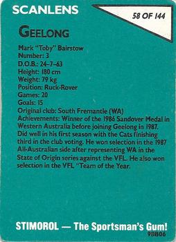1988 Scanlens VFL #58 Mark Bairstow Back